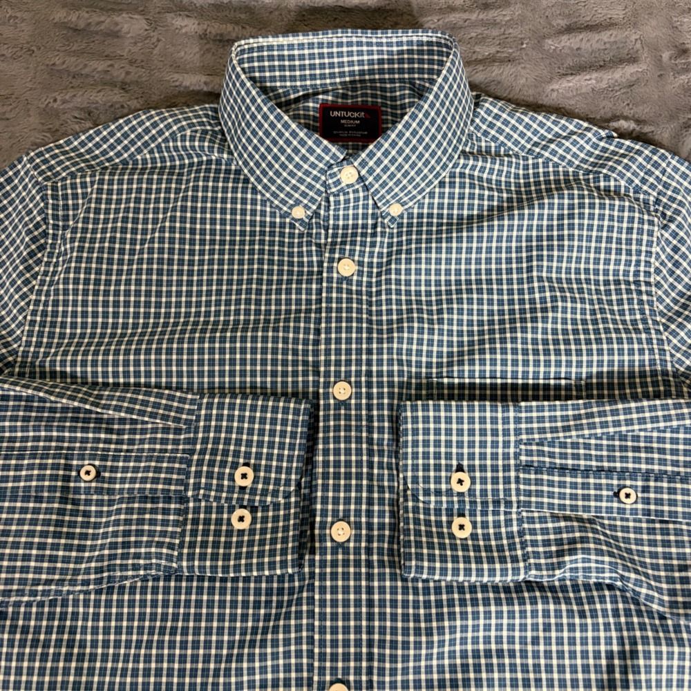 UNTUCKit Slim Fit Performance Gingham Button Down Shirt Mens Medium Blue White